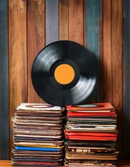 A collection of vintage vinyl records stacked in a funky arrangement, showcasing their colorful labels and textured surfaces against a wooden backdrop