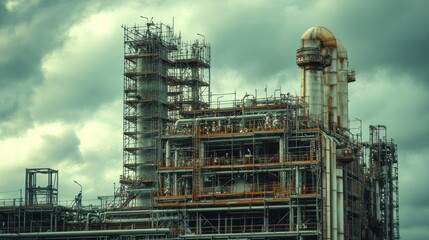 Industrial facility with scaffolding and pipes against a cloudy sky.