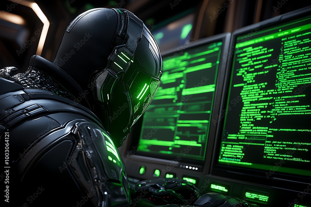 Poster Hyper-realistic ethical hackerâ€™s workspace, with glowing green screens showing vulnerability scans, security logs, and detailed code as the hacker runs penetration tests