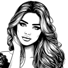 Attractive woman with wavy hair and full lips. Raster, generative ai. Anti-stress wood pattern.