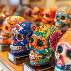 Fototapeta premium Vibrant Día de los Muertos ceramic skulls on display shelf