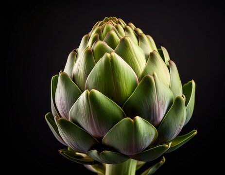 Close up de una alcachofa verde sana para una dieta saludable aislada en fondo negro
