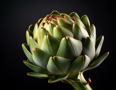 Close up de una alcachofa verde sana para una dieta saludable aislada en fondo negro
