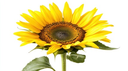 Obraz premium A vibrant sunflower with bright yellow petals and a textured center against a white background.