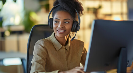 Happy african American woman working remotely on a virtual video team meeting call, remote work and flexible culture concept. Inclusive and diverse workplace. DEI remote working