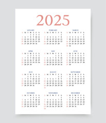 Calendar for 2025 year. Template of pocket or wall calenders. Week starts Sunday. Yearly grid with 12 month. Organizer layout in simple design. Desk planner. Portrait orientation. Vector illustration