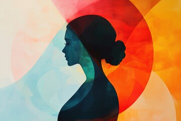 Silhouette of pregnant woman with colorful geometric abstract background and vibrant shapes"