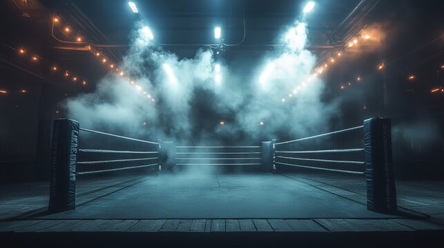 A dark boxing ring illuminated by bright overhead lights