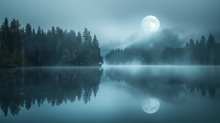 Naklejka premium Full moon reflecting on misty lake surrounded by forest at night