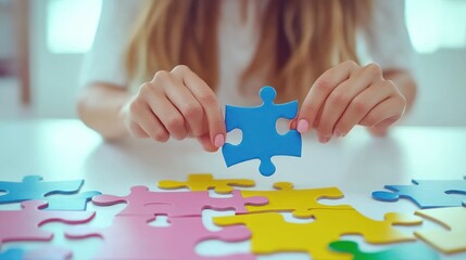 A person holding a blue puzzle piece over a colorful assortment of puzzle pieces on a table.