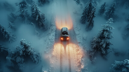 Car driving through snowy road in winter forest.
