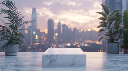 Obraz premium A minimalist display platform with a city skyline at sunset in the background.