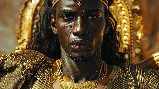 A man wearing gold jewelry and armor stares intensely from a throne