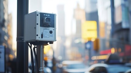 Speed camera monitoring traffic in urban setting at dusk