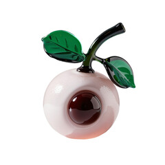 High-quality glass sculpture resembling stylized fruit with a glossy pale pink body, dark red eye element, black stem, and green leaves, highlighting elegance, generative AI