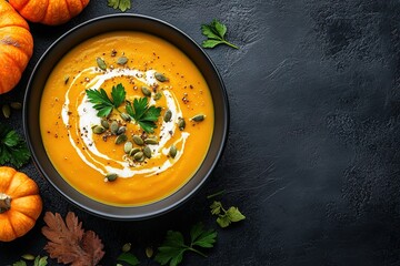 Pumpkin soup with cream, seeds, crackers and cinnamon. Autumn decor on table, orange squash in background. Healthy Halloween food. Top view with copy space