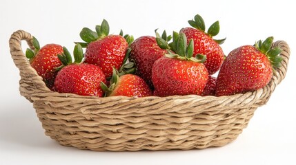 A woven basket filled with ripe strawberries, showcasing fresh fruit for culinary use.