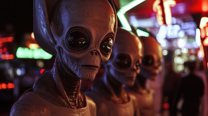 A group of aliens with big eyes stand against a background of neon lights. Their mysterious appearance creates an atmosphere of fantastic adventure and contact with extraterrestrial civilizations