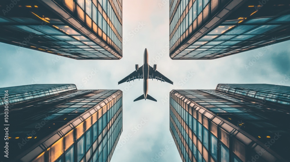 Poster Aerial view of an airplane flying between modern skyscrapers.