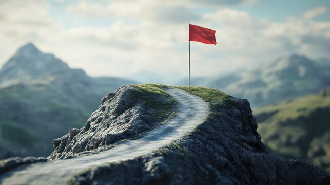 Mountain top Road going to achievement flag, Business goals achieve concept