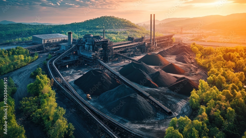 Poster An industrial site with coal piles, smokestacks, and surrounding greenery at sunset.