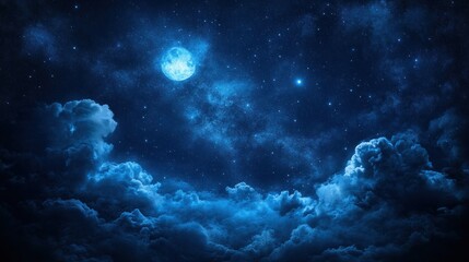 Fototapeta premium A serene night sky filled with clouds, stars, and a bright moon illuminating the scene.