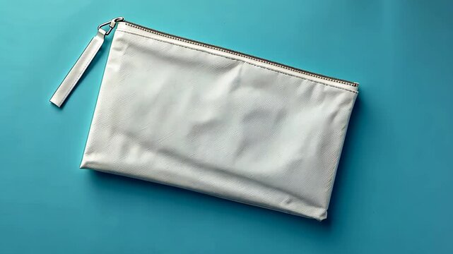 A white zipper pouch with a silver zipper sits on a blue background