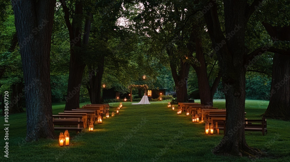 Canvas Prints A serene outdoor wedding setup with benches and lanterns, surrounded by trees.