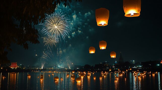 A beautiful night sky filled with floating lanterns and fireworks as part of the Loy Krathong Festival celebrations