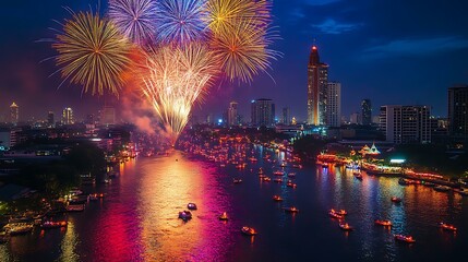 A colorful fireworks display over a river filled with floating krathongs during the Loy Krathong Festival