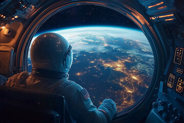 A man in a space suit is looking out of a window of a spacecraft