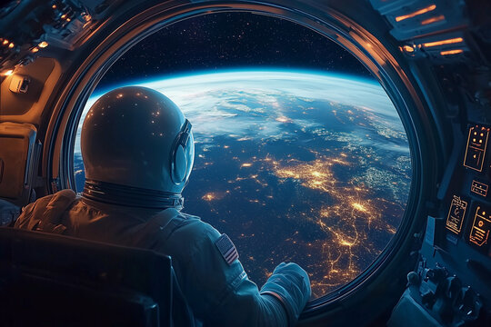 A man in a space suit is looking out of a window of a spacecraft - Powered by Adobe