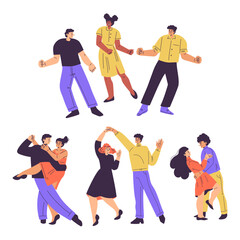 Partner Dance with Man and Woman Character Moving Body to Music Vector Set