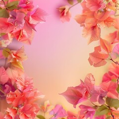 Colorful Bougainvillea flowers on soft color background, romantic feminine composition, wedding invitation concept.