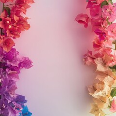 Obraz premium Colorful Bougainvillea flowers on soft color background, romantic feminine composition, wedding invitation concept.