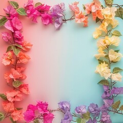 Colorful Bougainvillea flowers on soft color background, romantic feminine composition, wedding invitation concept.