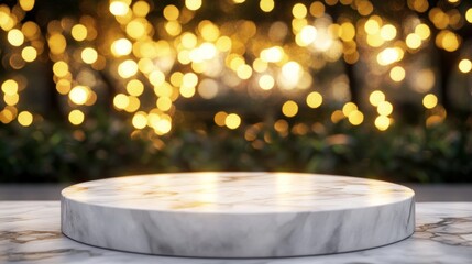 A marble display platform with a blurred golden bokeh background for showcasing products.