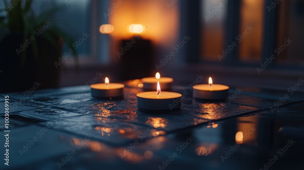 Poster A serene setting with lit candles on a table, creating a warm and calming atmosphere.