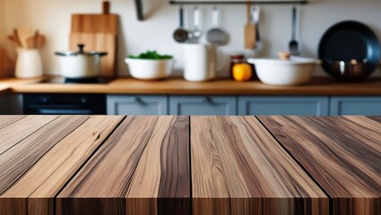 Modern kitchen interior with wooden empty table. Generative Ai.