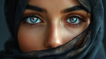 A woman draped in a black veil reveals striking blue eyes that convey depth and emotion, capturing an ethereal beauty that captivates the viewer