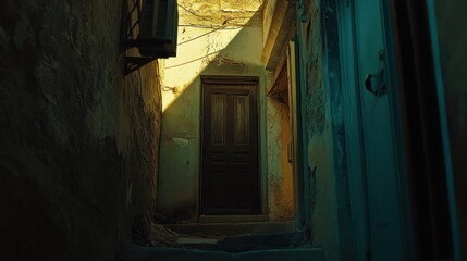 A narrow alleyway leading to a weathered wooden door, illuminated by soft light.