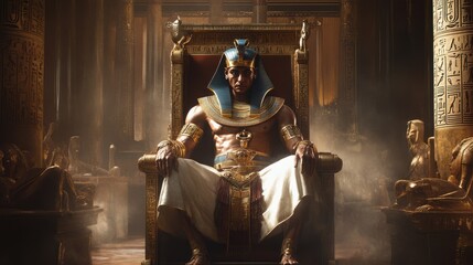 A powerful figure sits confidently on an ornate throne, adorned in rich attire, exuding authority amidst the grandeur of ancient architecture and shadows