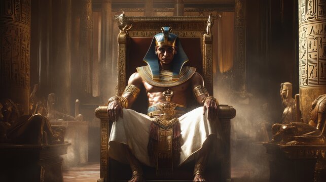 A powerful figure sits confidently on an ornate throne, adorned in rich attire, exuding authority amidst the grandeur of ancient architecture and shadows