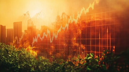 Stock market graph with an overlay of climate change data, suitable for environmental impact studies on investments