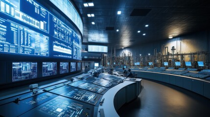 A high-tech control room with screens displaying data and monitoring systems.