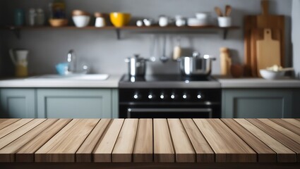 Modern kitchen interior with wooden empty table. Generative Ai.