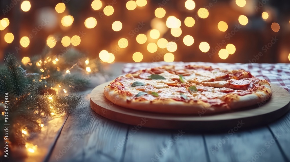 Wall mural A delicious pizza on a wooden board with festive bokeh lights in the background.