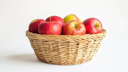 A woven basket filled with red and green apples against a plain background.