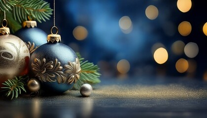 Bożonarodzeniowe, niebieskie tło z bombkami i gałązkami świerku