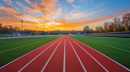 An athletic track and field stadium with a bright red track and green infield